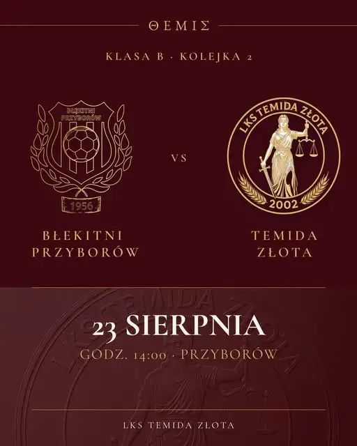 Temida Złota zagra na wyjeździe z Błękitnymi Przyborów w 2. kolejce Klasy B