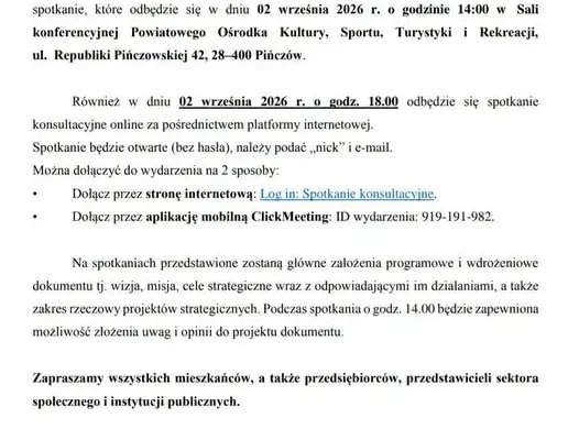 Konsultacje społeczne Strategii Rozwoju Powiatu Pińczowskiego 2026-2034+ – zaproszenie na spotkania