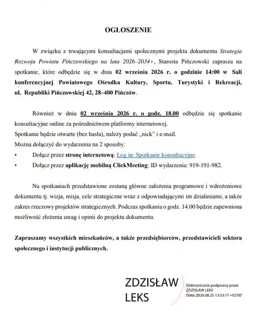 Konsultacje społeczne Strategii Rozwoju Powiatu Pińczowskiego 2026-2034+ – zaproszenie na spotkania
