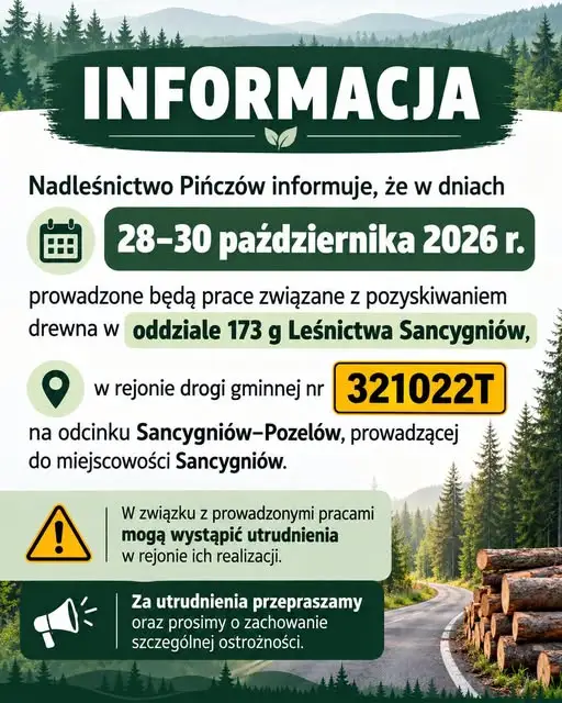 Utrudnienia na drodze Sancygniów–Pozelów. Nadleśnictwo Pińczów ostrzega